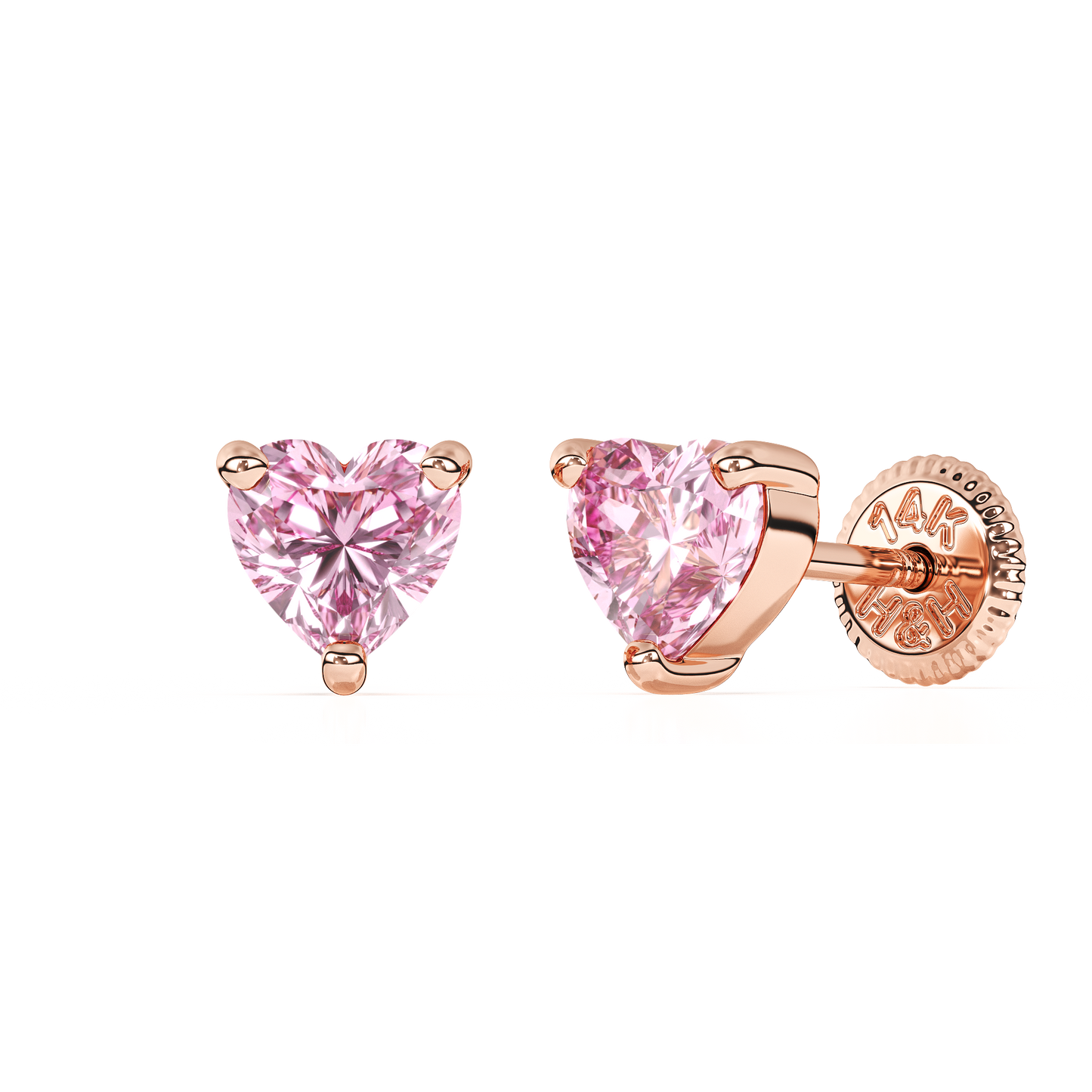4mm Pink Heart CZ Stud Earrings - Solid 14K Rose Gold, Screw Back, for Babies & Children