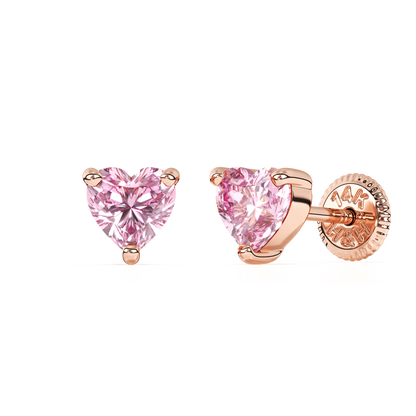 4mm Pink Heart CZ Stud Earrings - Solid 14K Rose Gold, Screw Back, for Babies & Children