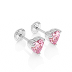 4mm Pink Heart CZ Stud Earrings - Solid 14K White Gold, Screw Back, for Babies & Children