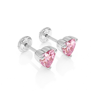 4mm Pink Heart CZ Stud Earrings - Solid 14K White Gold, Screw Back, for Babies & Children