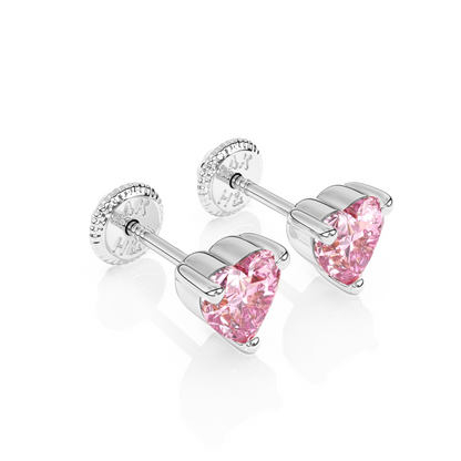 4mm Pink Heart CZ Stud Earrings - Solid 14K White Gold, Screw Back, for Babies & Children