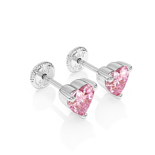 4mm Pink Heart CZ Stud Earrings - Solid 14K White Gold, Screw Back, for Babies & Children