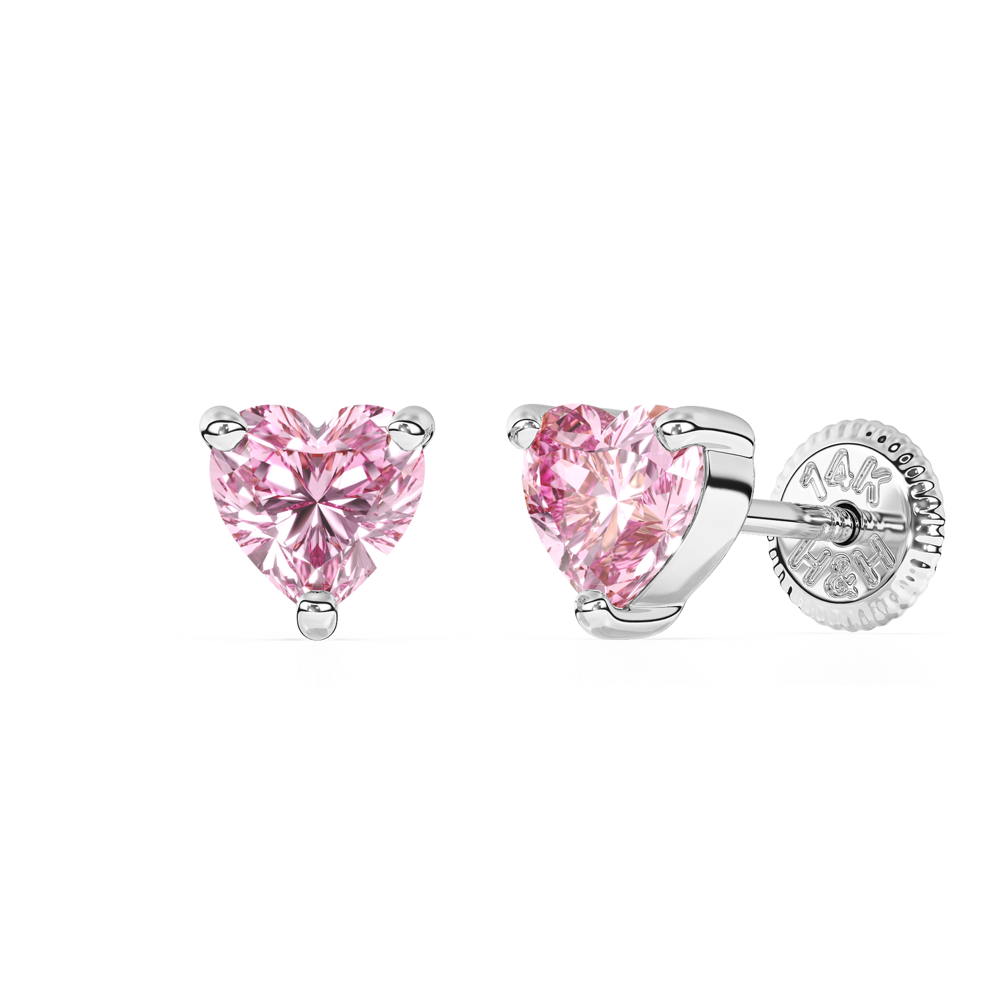 4mm Pink Heart CZ Stud Earrings - Solid 14K White Gold, Screw Back, for Babies & Children