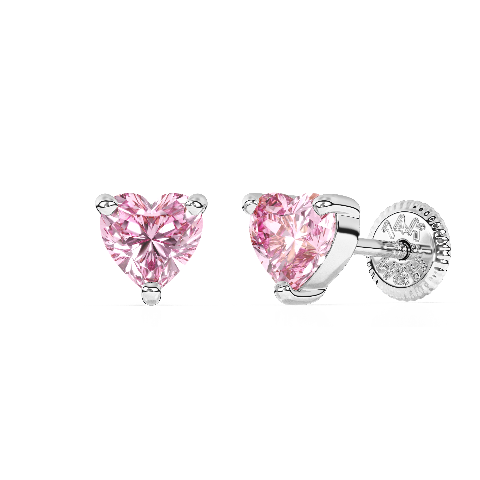 4mm Pink Heart CZ Stud Earrings - Solid 14K White Gold, Screw Back, for Babies & Children