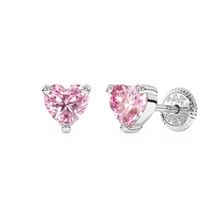 4mm Pink Heart CZ Stud Earrings - Solid 14K White Gold, Screw Back, for Babies & Children