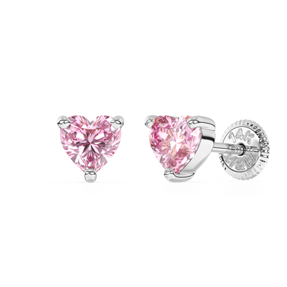 4mm Pink Heart CZ Stud Earrings - Solid 14K White Gold, Screw Back, for Babies & Children