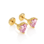 4mm Pink Heart CZ Stud Earrings - Solid 14K Gold, Screw Back, for Babies & Children