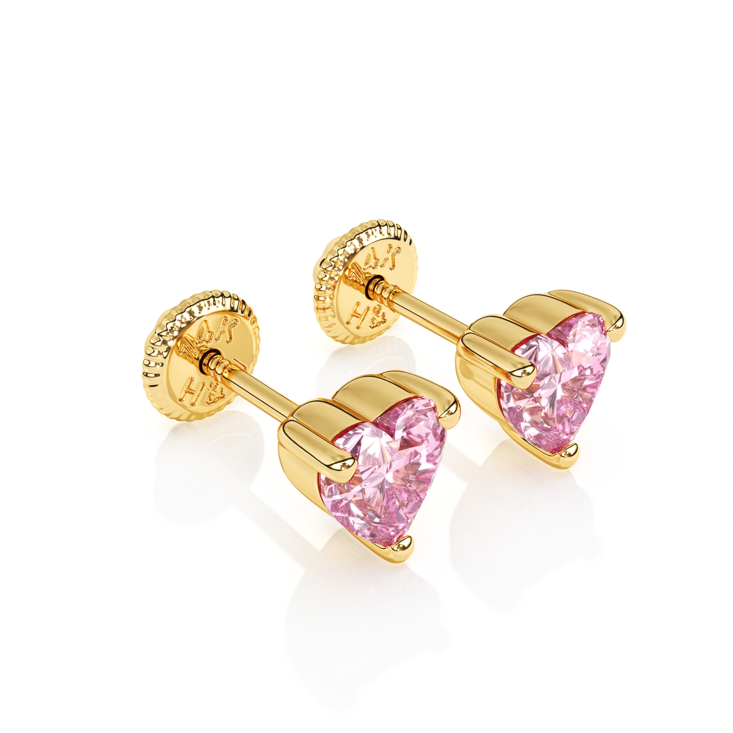 4mm Pink Heart CZ Stud Earrings - Solid 14K Gold, Screw Back, for Babies & Children