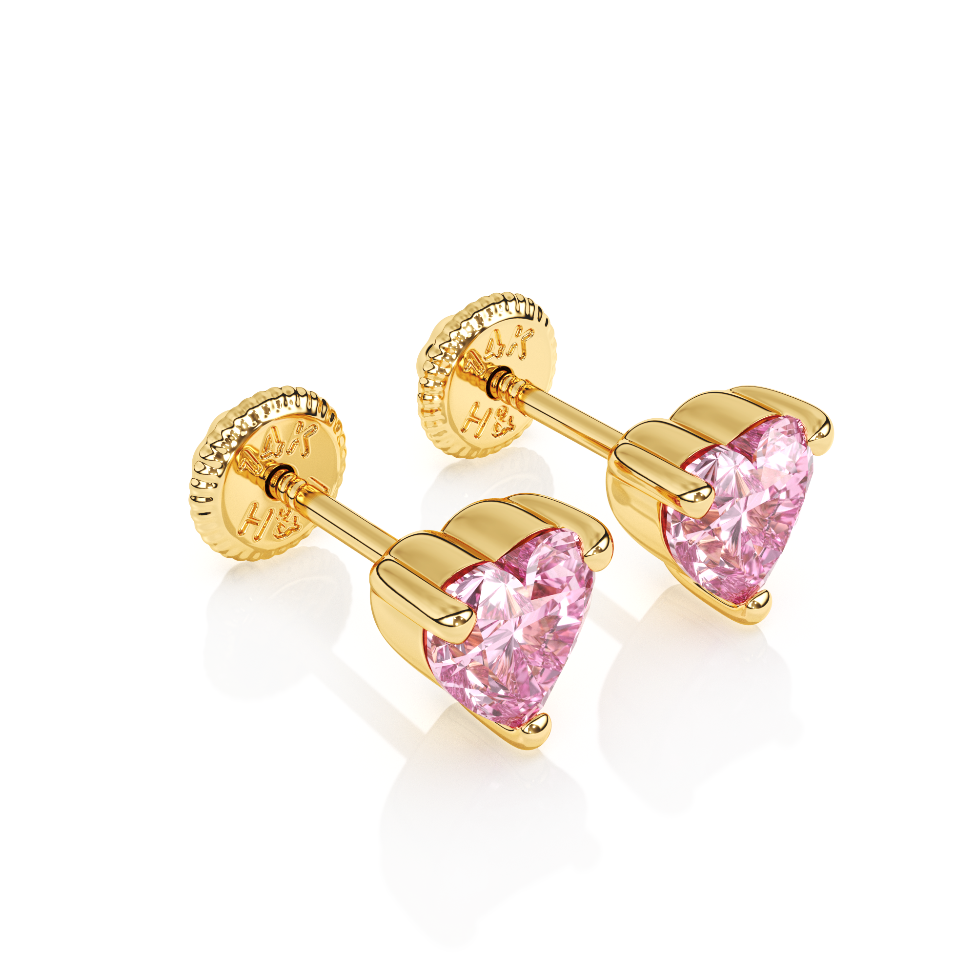4mm Pink Heart CZ Stud Earrings - Solid 14K Gold, Screw Back, for Babies & Children