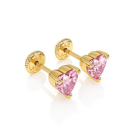4mm Pink Heart CZ Stud Earrings - Solid 14K Gold, Screw Back, for Babies & Children