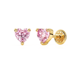 4mm Pink Heart CZ Stud Earrings - Solid 14K Gold, Screw Back, for Babies & Children