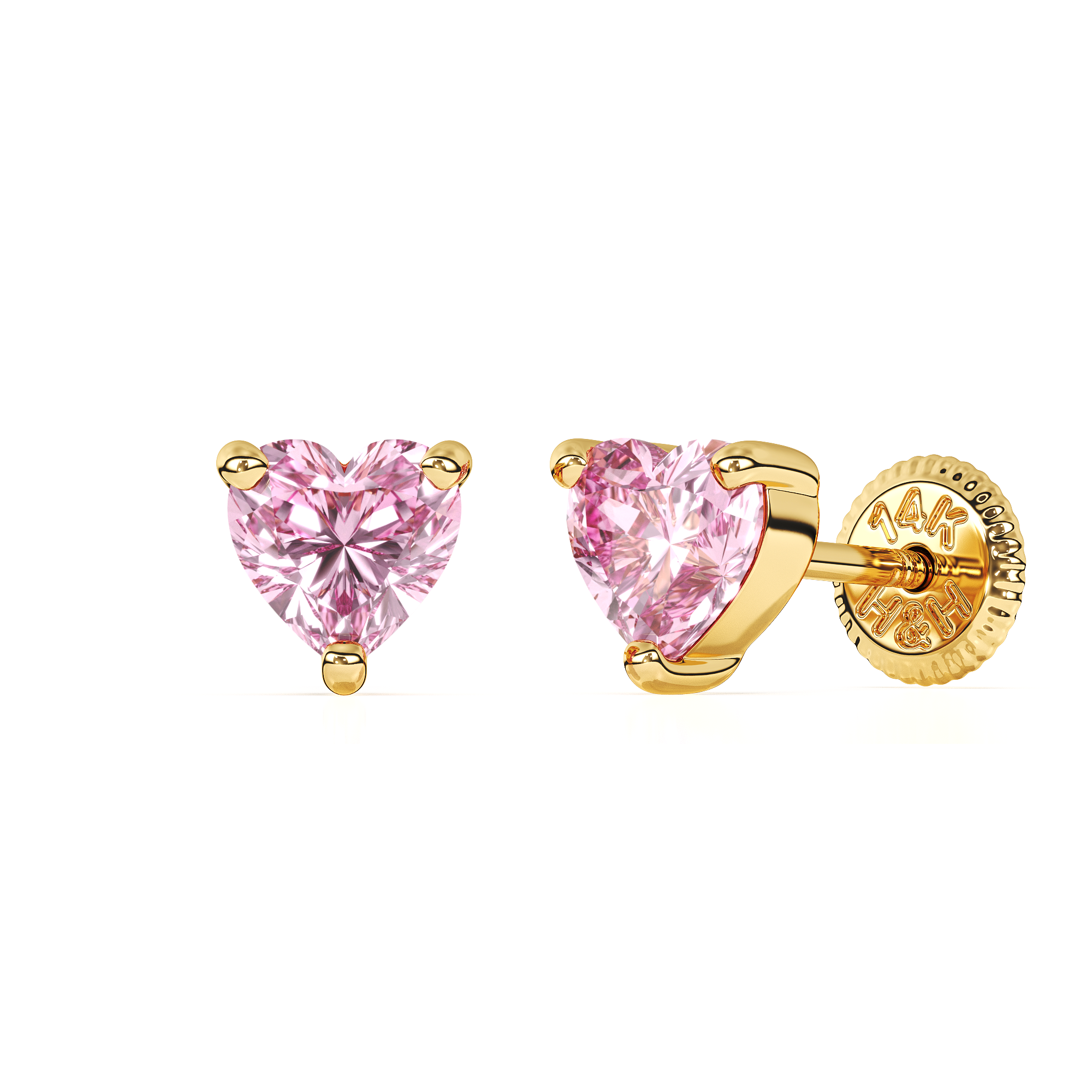 4mm Pink Heart CZ Stud Earrings - Solid 14K Gold, Screw Back, for Babies & Children