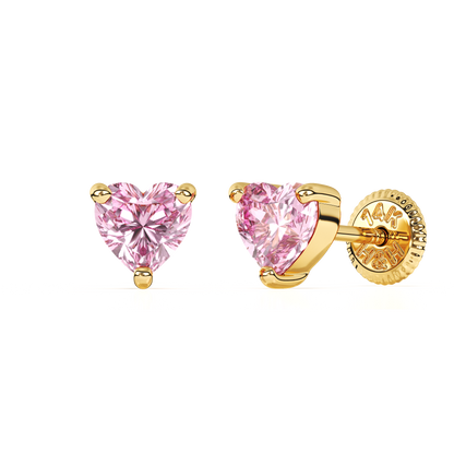 4mm Pink Heart CZ Stud Earrings - Solid 14K Gold, Screw Back, for Babies & Children