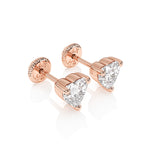 Heart shape clear CZ rose gold stud earrings with screwback post.