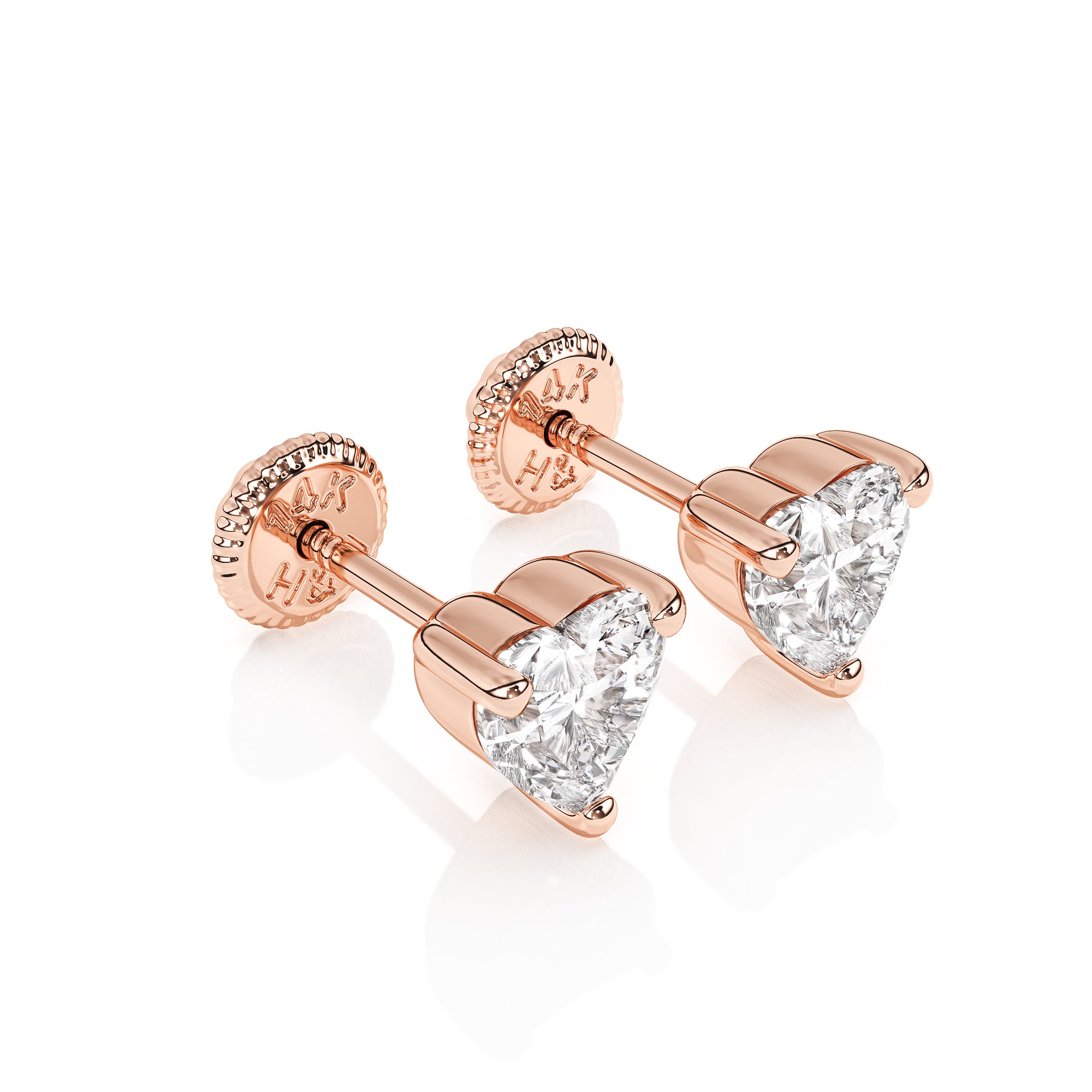 Heart shape clear CZ rose gold stud earrings with screwback post.