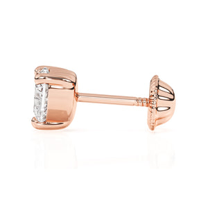 Heart shape clear CZ rose gold stud earrings with screwback post.
