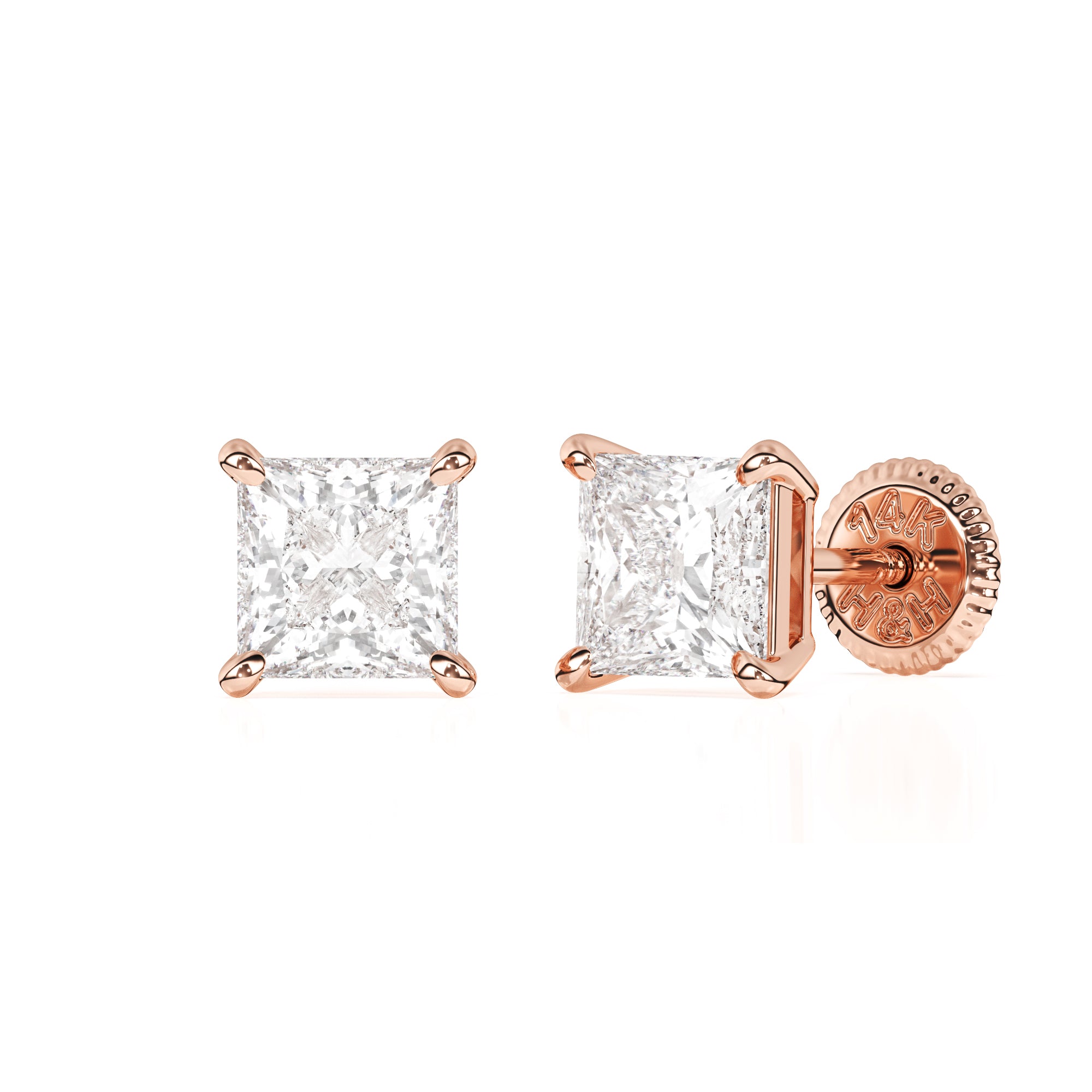 Rose gold earrings with clear princess cut CZ stone and screwback post. 