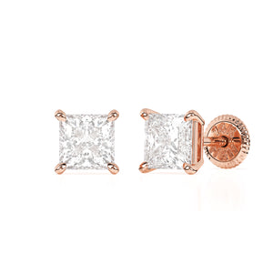 Rose gold earrings with clear princess cut CZ stone and screwback post. 