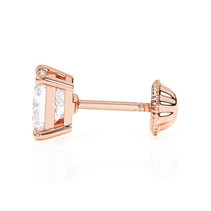 Rose gold earrings with clear princess cut CZ stone and screwback post. 