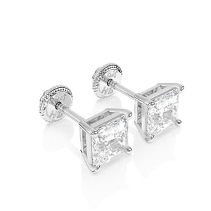 Pendientes de botón de 4 mm con circonita cúbica transparente de corte princesa, en oro blanco macizo de 14 quilates, con cierre de rosca, para bebés y niños.