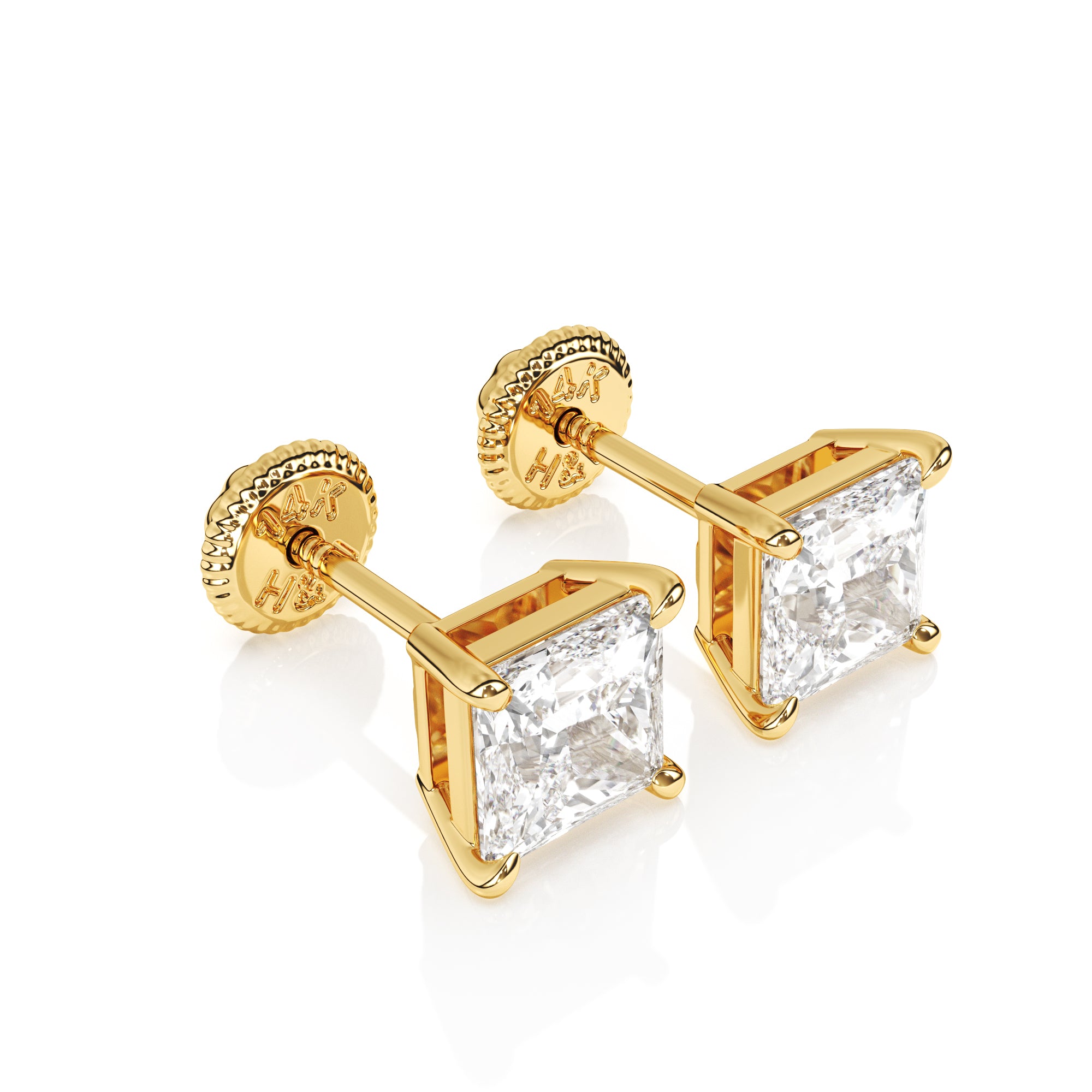 Pendientes de botón de 4 mm con circonita cúbica transparente de corte princesa, oro macizo de 14 quilates, cierre de rosca, para bebés y niños.
