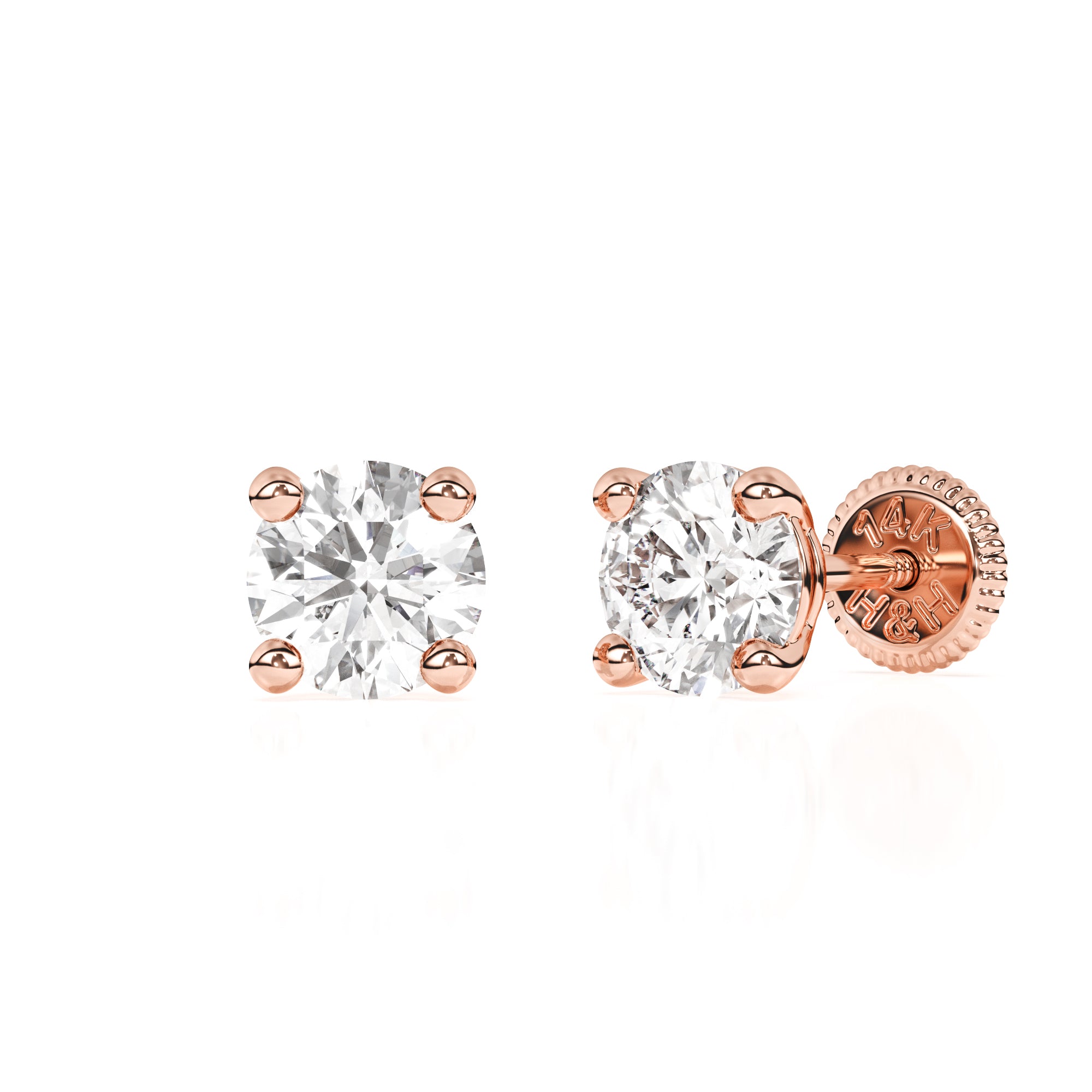 Rose gold stud earring with screwback post and clear round CZ stone.