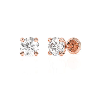 Rose gold stud earring with screwback post and clear round CZ stone.