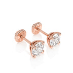 Rose gold stud earring with screwback post and clear round CZ stone.