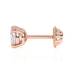 Rose gold stud earring with screwback post and clear round CZ stone.