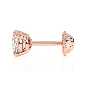 Rose gold stud earring with screwback post and clear round CZ stone.
