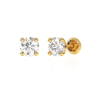 4mm Clear Round CZ Stud Earrings - Solid 14K Gold, Screw Back, for Babies & Children