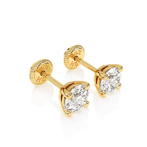 4mm Clear Round CZ Stud Earrings - Solid 14K Gold, Screw Back, for Babies & Children