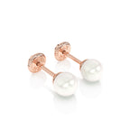 Rose gold pearl stud earrings with screwback post.