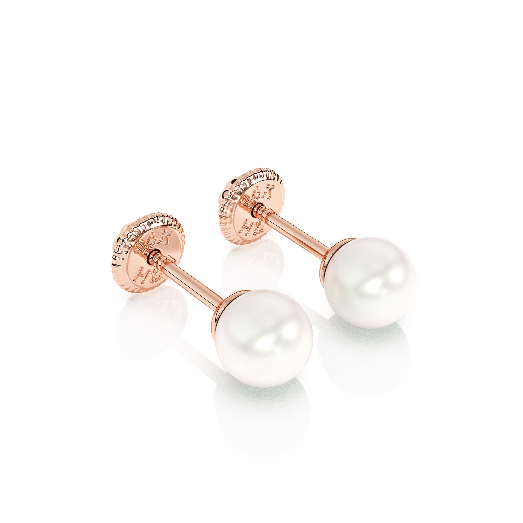 Rose gold pearl stud earrings with screwback post.