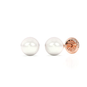 Rose gold pearl stud earrings with screwback post.
