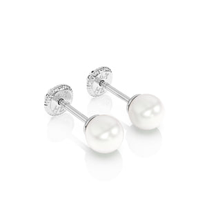 Pendientes de perla de 4 mm - Oro blanco macizo de 14 quilates, cierre de rosca, para bebés y niños