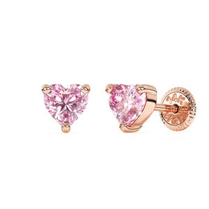 Rose gold stud earrings with a screwback post and pink heart shaped CZ stone.