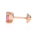 Rose gold stud earrings with a screwback post and pink heart shaped CZ stone.