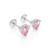 Pendientes de botón con circonita cúbica rosa de 4 mm en forma de corazón - Oro blanco macizo de 14 quilates, cierre de rosca, para bebés y niños