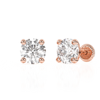 Pendientes de botón con circonita cúbica redonda transparente de 5 mm - Oro rosa macizo de 14 quilates, cierre de rosca, para bebés y niños