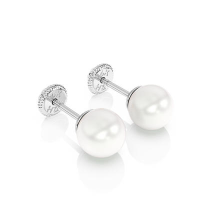 5mm Pearl Stud Earrings - Solid 14K White Gold, Screw Back, for Babies & Children