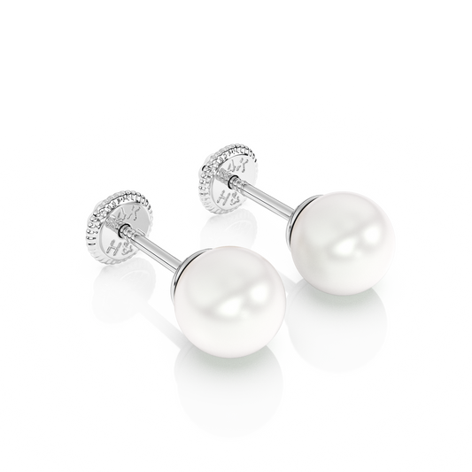 5mm Pearl Stud Earrings - Solid 14K White Gold, Screw Back, for Babies & Children