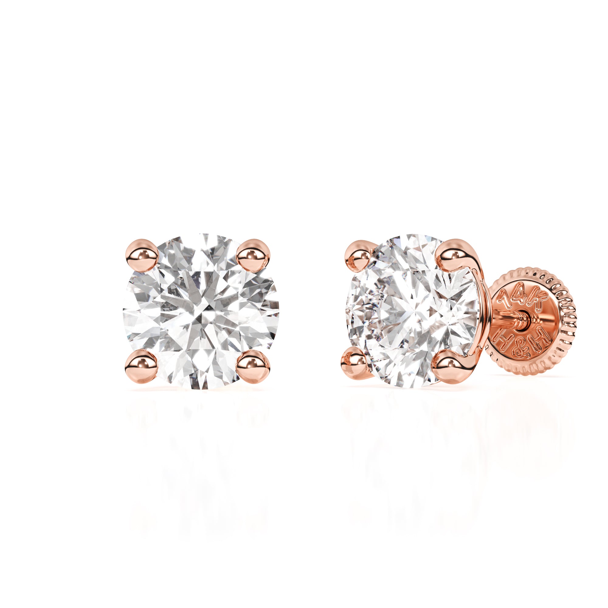 Rose gold stud earring with screwback post and clear round CZ stone.