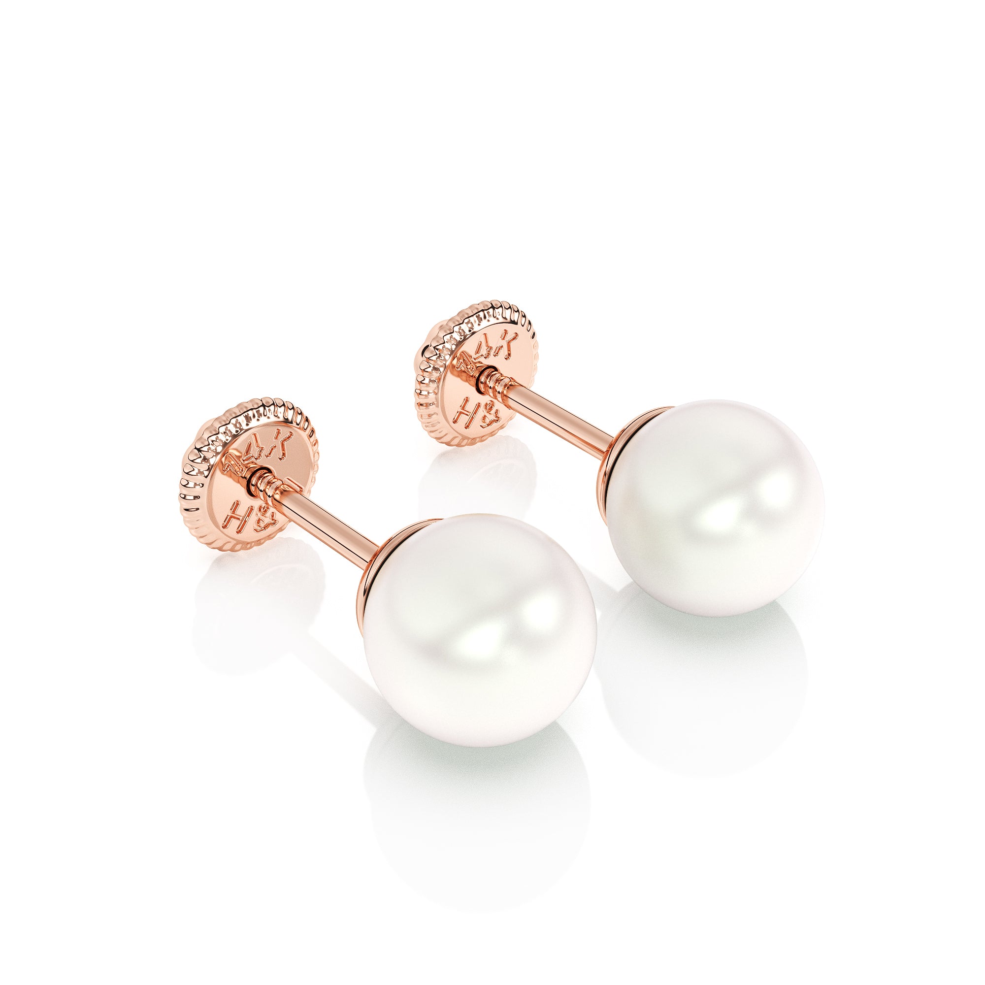 Rose gold pearl stud earrings with screwback post.
