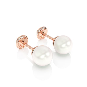 Rose gold pearl stud earrings with screwback post.