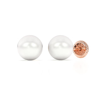 Rose gold pearl stud earrings with screwback post.