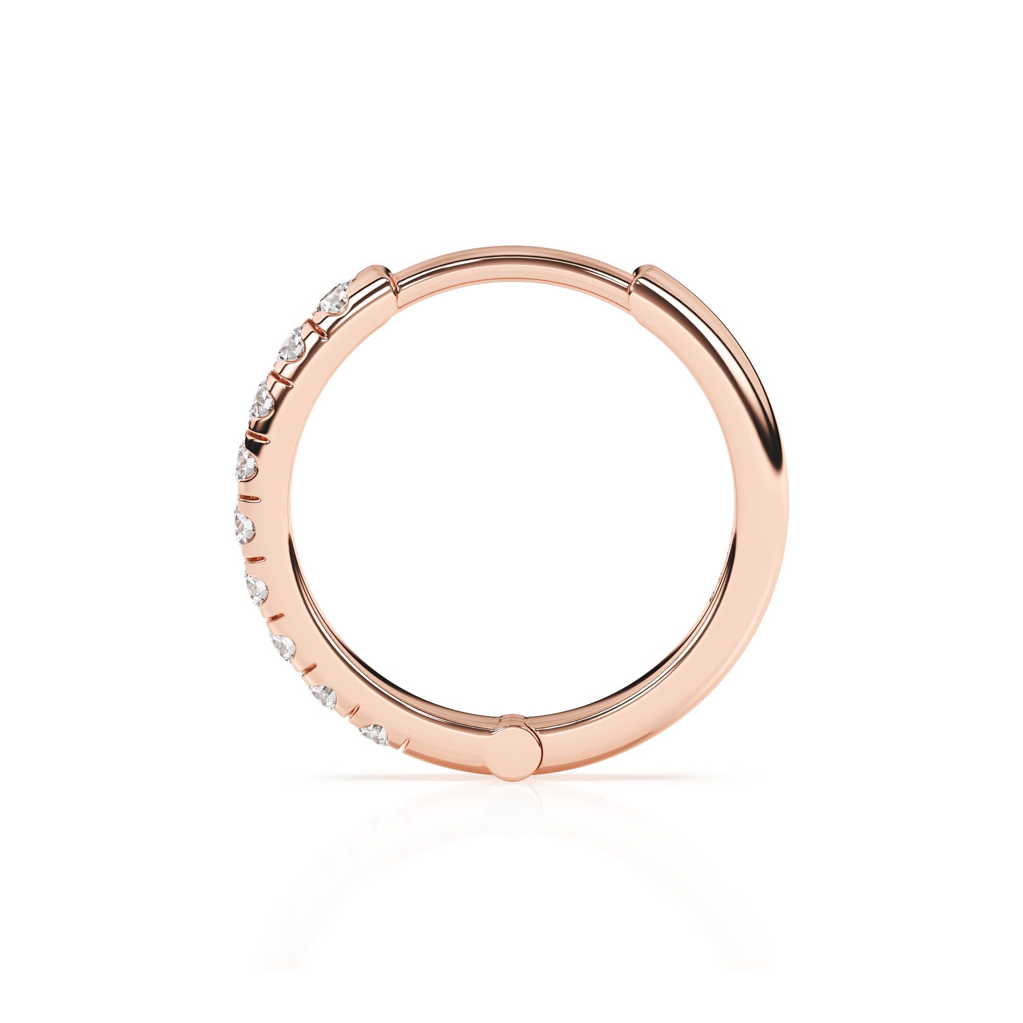 Rose gold huggie hoop with pave set clear CZ stone.