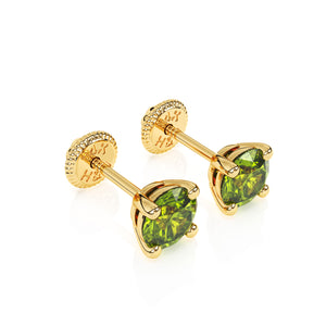 Swarovski August birthstone stud earrings in yellow gold with screwback post.