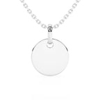 Sterling silver necklace with a round pendant on a white background.