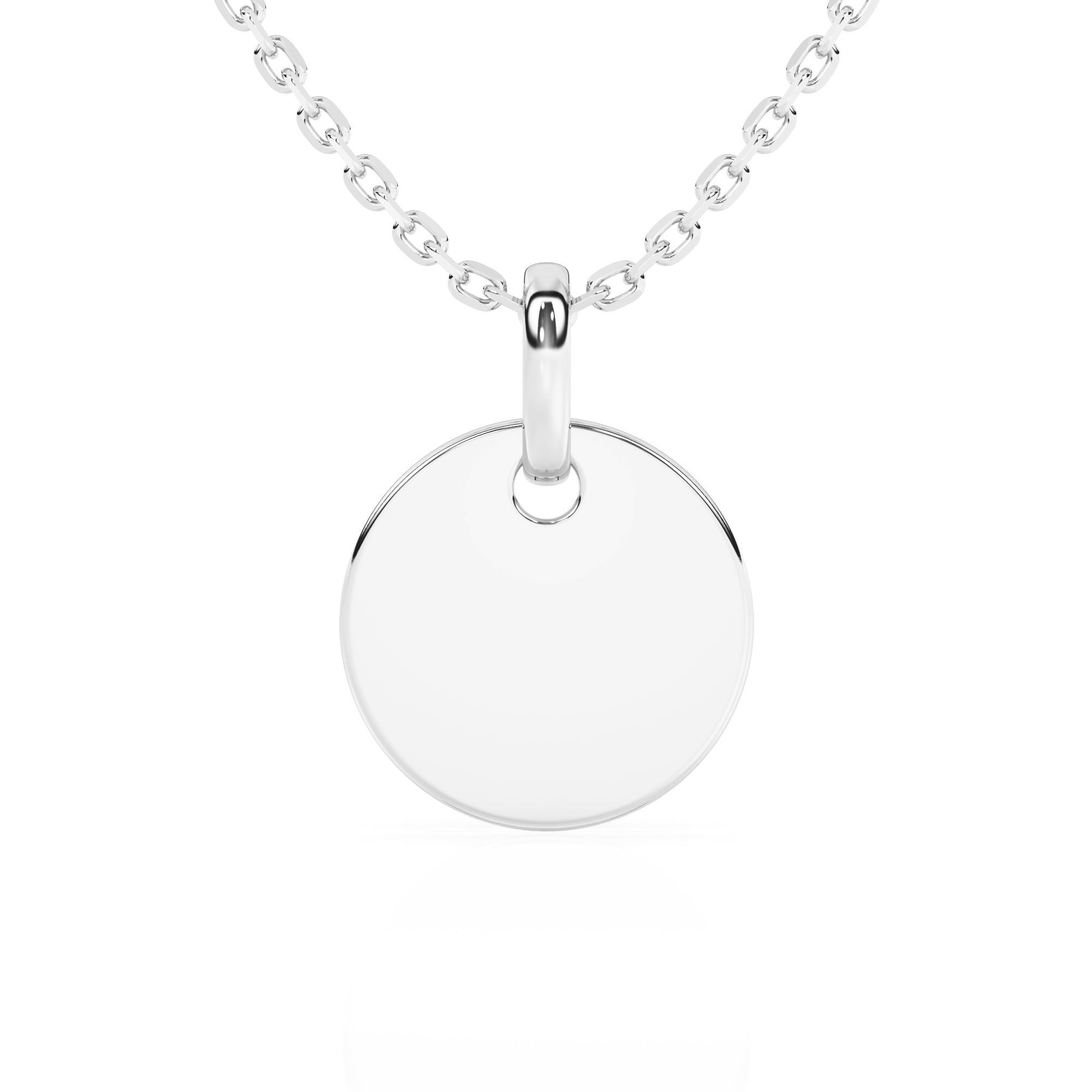 Sterling silver necklace with a round pendant on a white background.